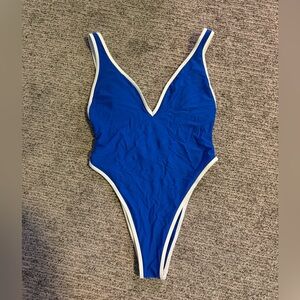 Blue One-Piece Swimsuit with White Trim